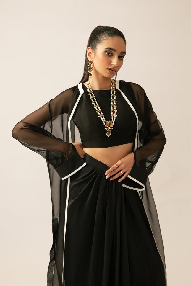 Black Contrast Piping Raw Silk Cape Dress (3-Piece) - Image 5