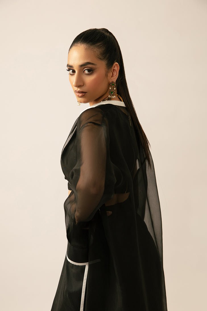 Black Contrast Piping Raw Silk Cape Dress (3-Piece) - Image 6