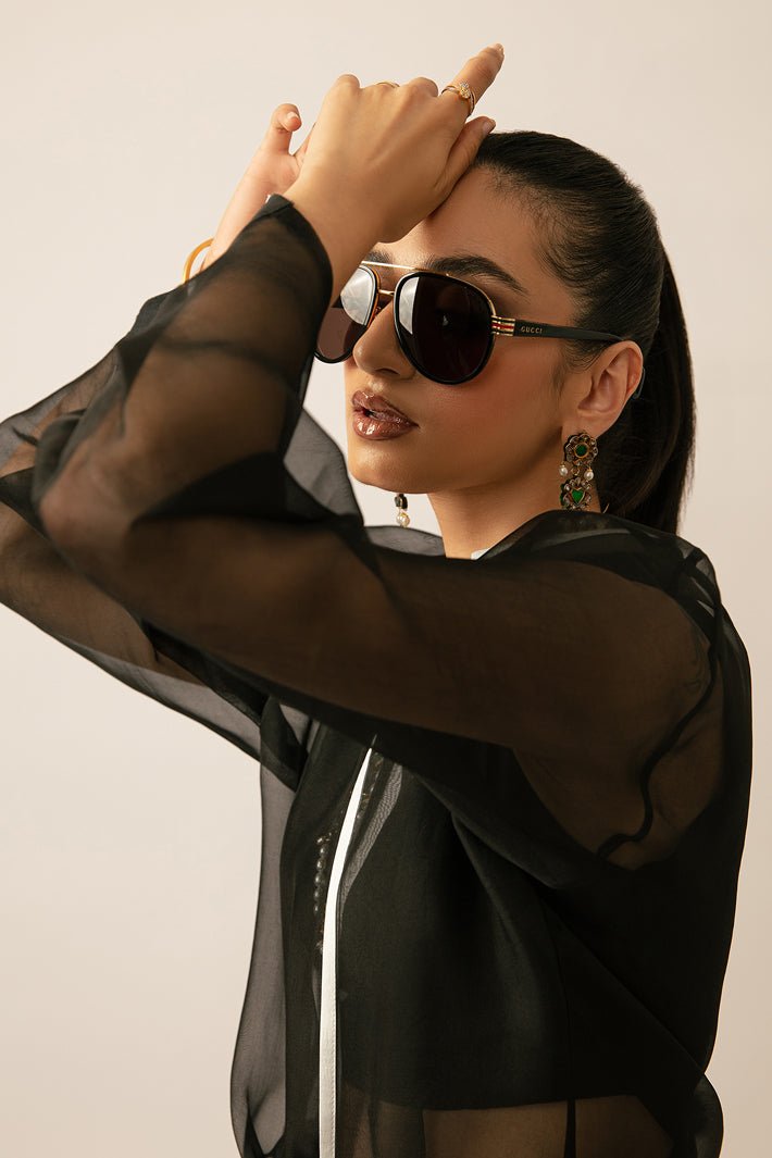 Black Contrast Piping Raw Silk Cape Dress (3-Piece) - Image 7