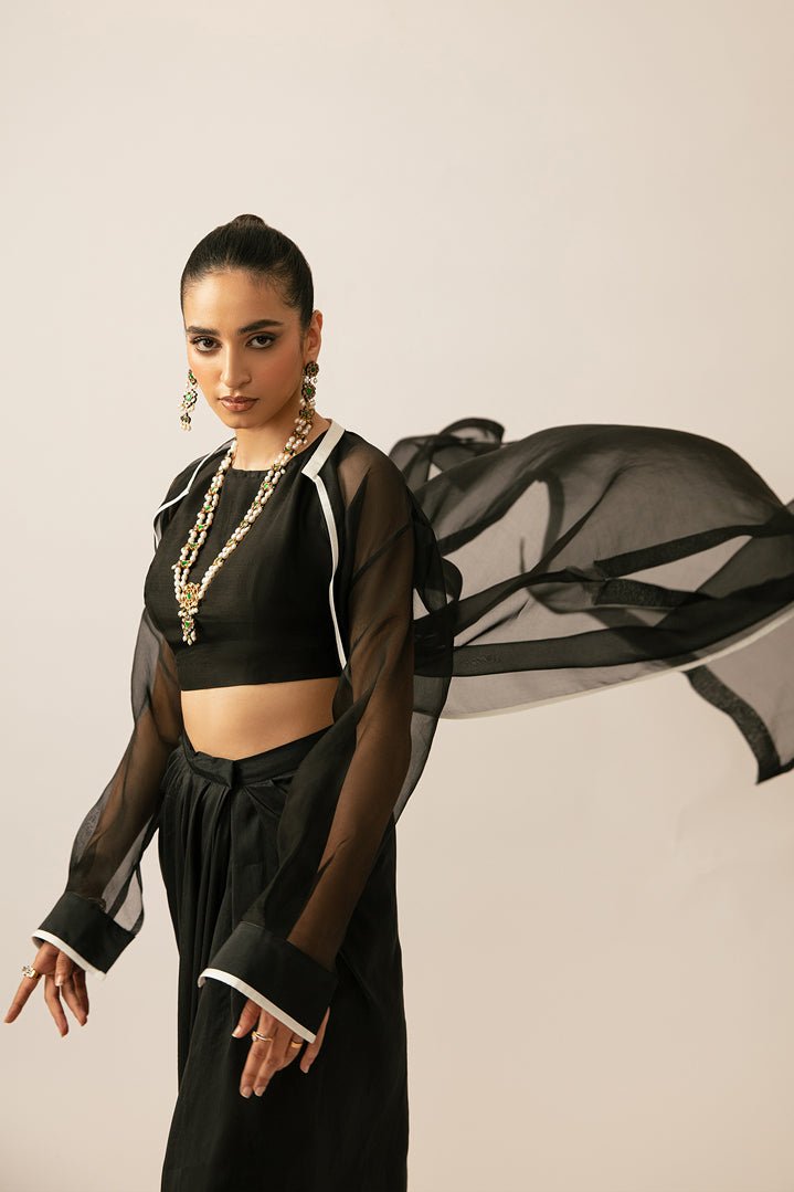 Black Contrast Piping Raw Silk Cape Dress (3-Piece) - Image 8