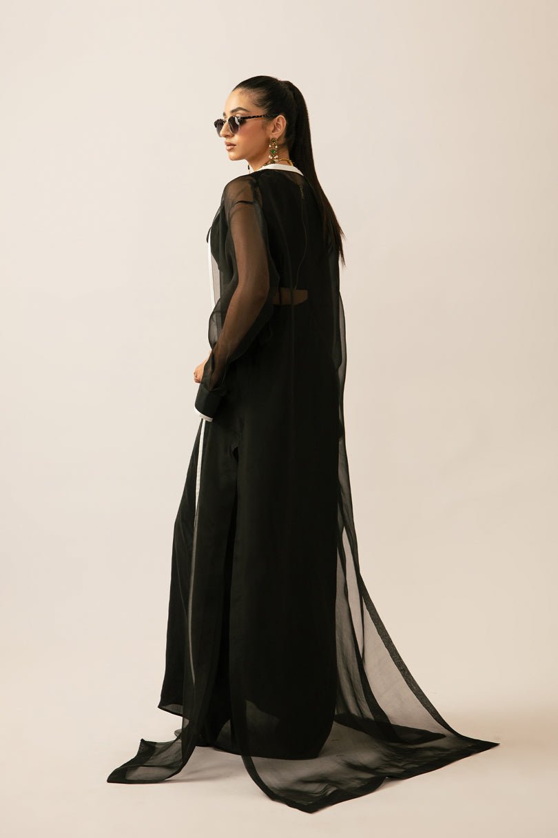 Black Contrast Piping Raw Silk Cape Dress (3-Piece) - Image 9