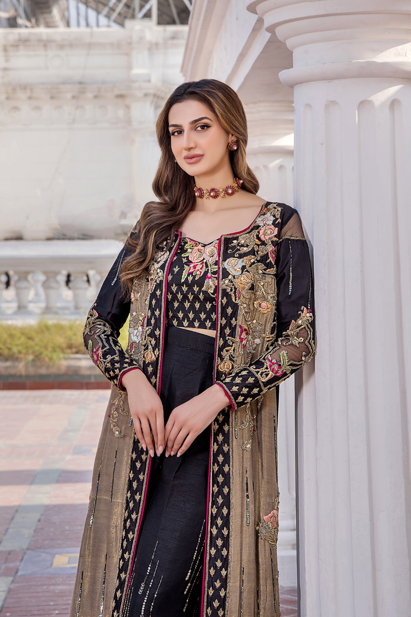 Pakistani Black Gold Embroidered Silk-Blend Cape Dress (2-Piece) - Image 1