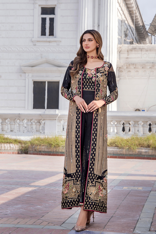 Pakistani Black Gold Embroidered Silk-Blend Cape Dress (2-Piece) - Image 3