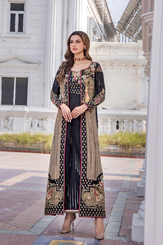 Pakistani Black Gold Embroidered Silk-Blend Cape Dress (2-Piece) - Image 5