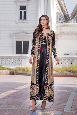 Pakistani Black Gold Embroidered Silk-Blend Cape Dress (2-Piece) - Image 6