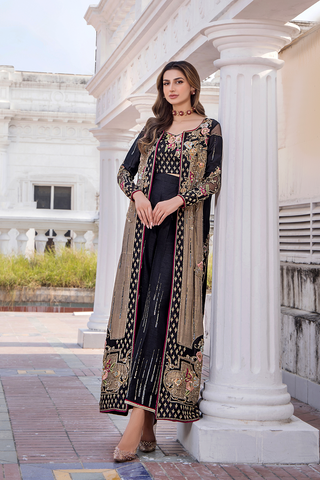 Pakistani Black Gold Embroidered Silk-Blend Cape Dress (2-Piece) - Image 7