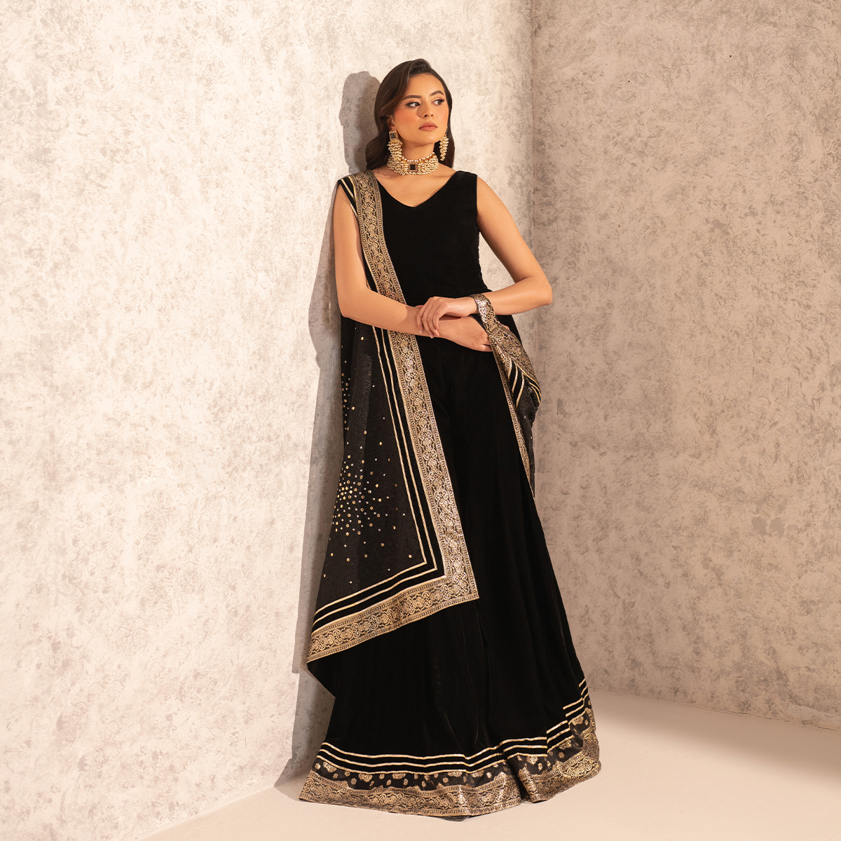 Black Embroidered Velvet Jumpsuit with Organza Cape (2-Piece) - Image 1