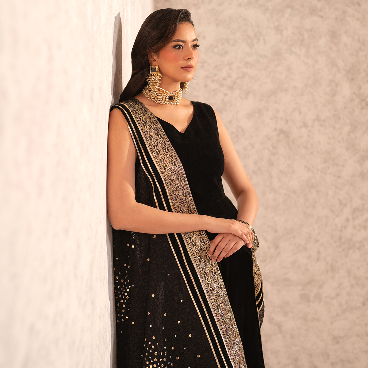 Black Embroidered Velvet Jumpsuit with Organza Cape (2-Piece) - Image 2