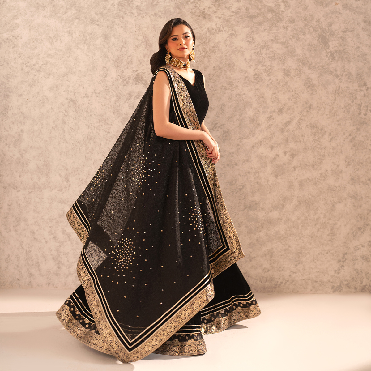 Black Embroidered Velvet Jumpsuit with Organza Cape (2-Piece) - Image 3