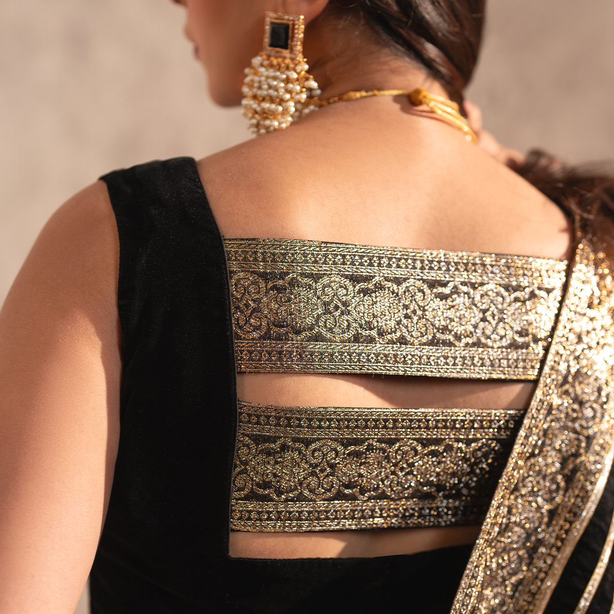 Black Embroidered Velvet Jumpsuit with Organza Cape (2-Piece) - Image 4