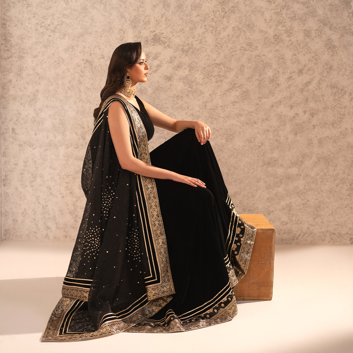 Black Embroidered Velvet Jumpsuit with Organza Cape (2-Piece) - Image 5