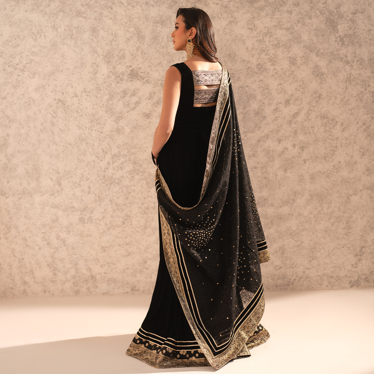 Black Embroidered Velvet Jumpsuit with Organza Cape (2-Piece) - Image 6