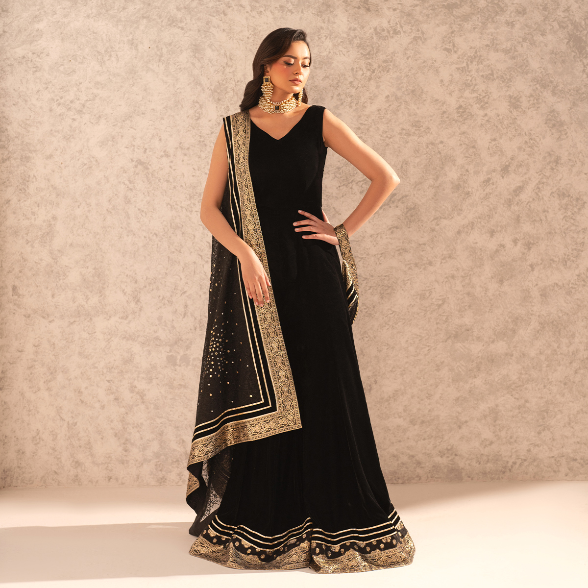 Black Embroidered Velvet Jumpsuit with Organza Cape (2-Piece) - Image 7