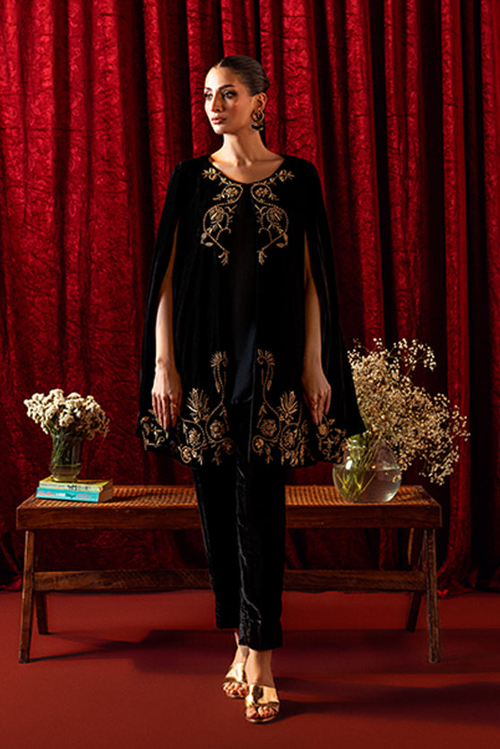 Pakistani Black Hand-Embroidered Velvet Cape Dress (2-Piece) - Image 1