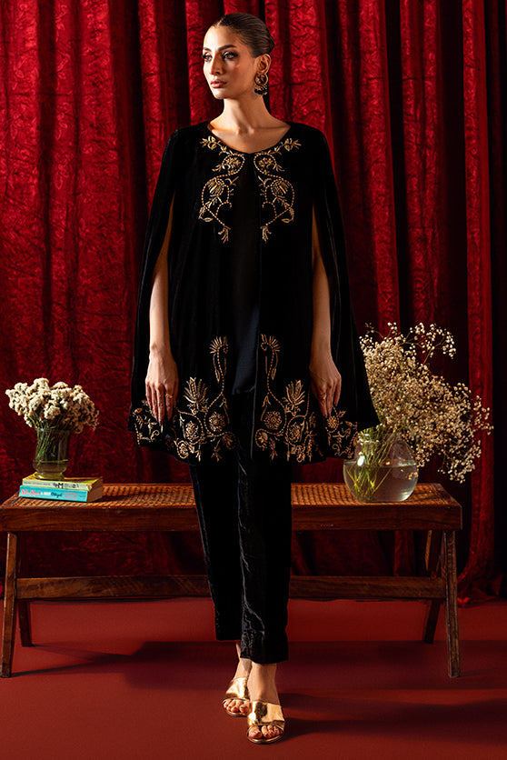 Pakistani Black Hand-Embroidered Velvet Cape Dress (2-Piece) - Image 2