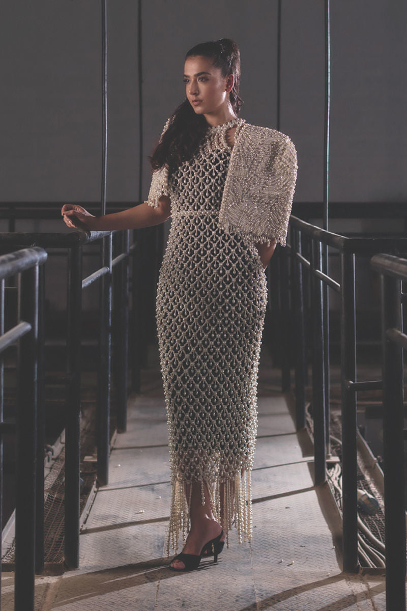 Black Pearl Beaded Velvet Cape Dress (2-Piece) - Image 1