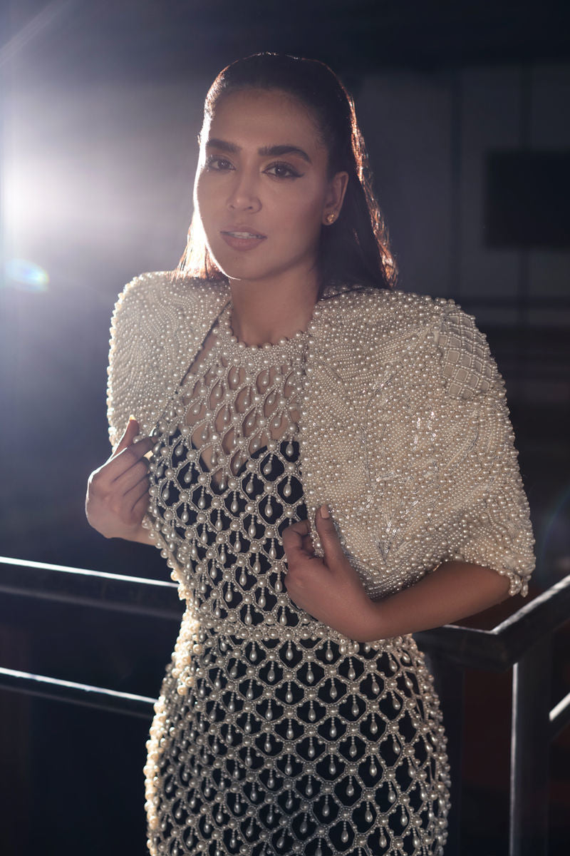 Black Pearl Beaded Velvet Cape Dress (2-Piece) - Image 2