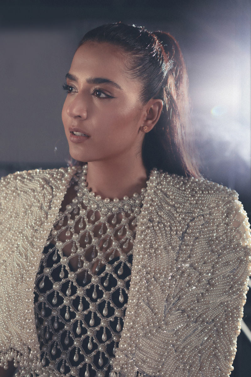 Black Pearl Beaded Velvet Cape Dress (2-Piece) - Image 3