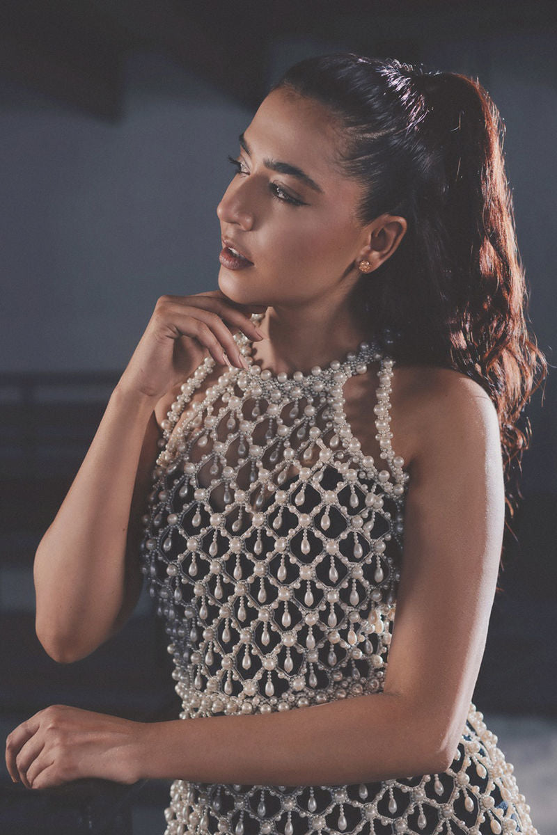 Black Pearl Beaded Velvet Cape Dress (2-Piece) - Image 5