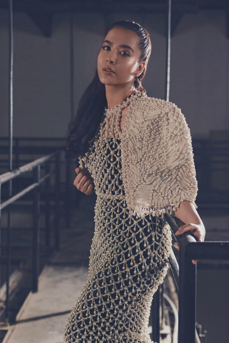 Black Pearl Beaded Velvet Cape Dress (2-Piece) - Image 6