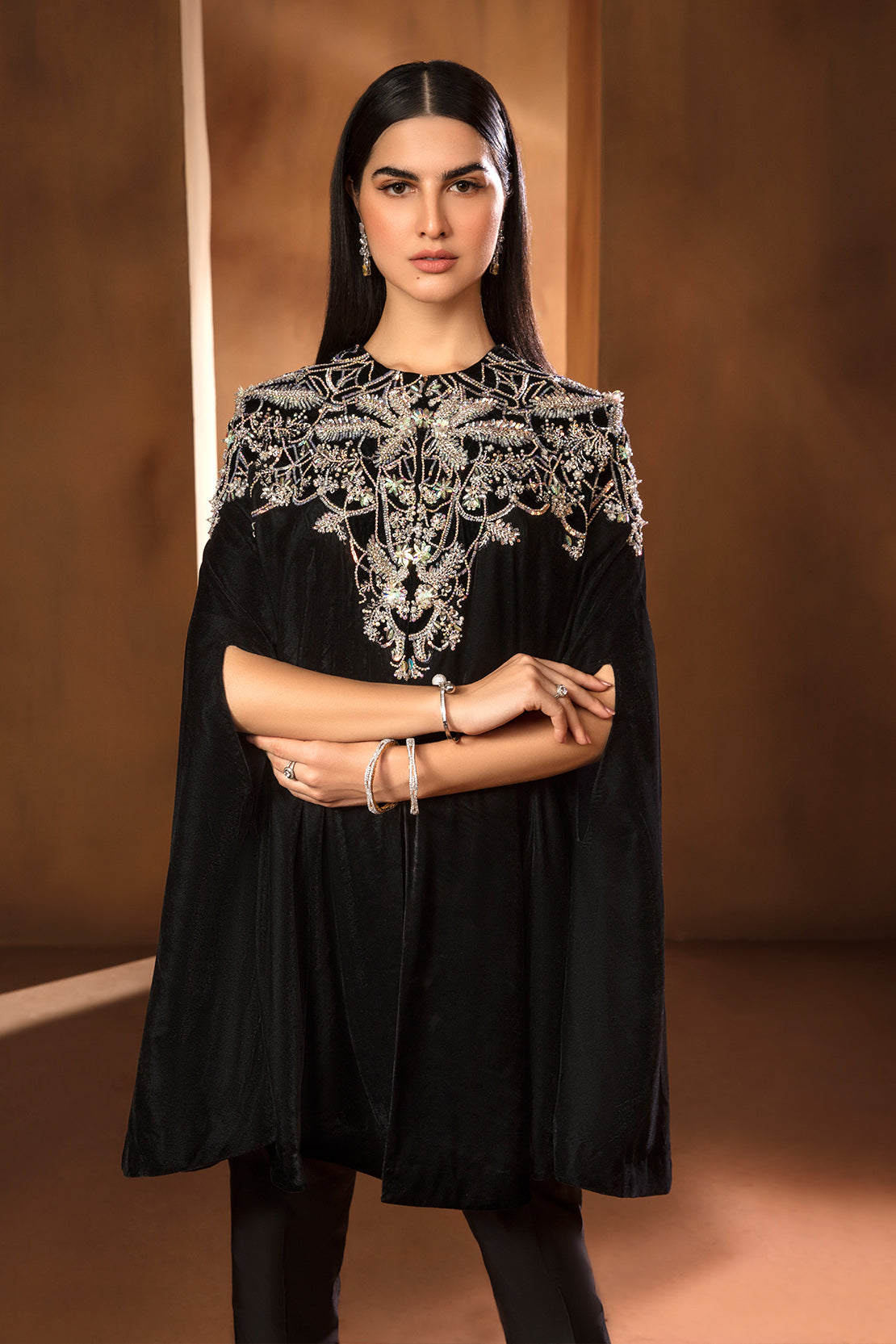 Black Swarovski Sequin Velvet Cape Dress (2-Piece) - Image 3