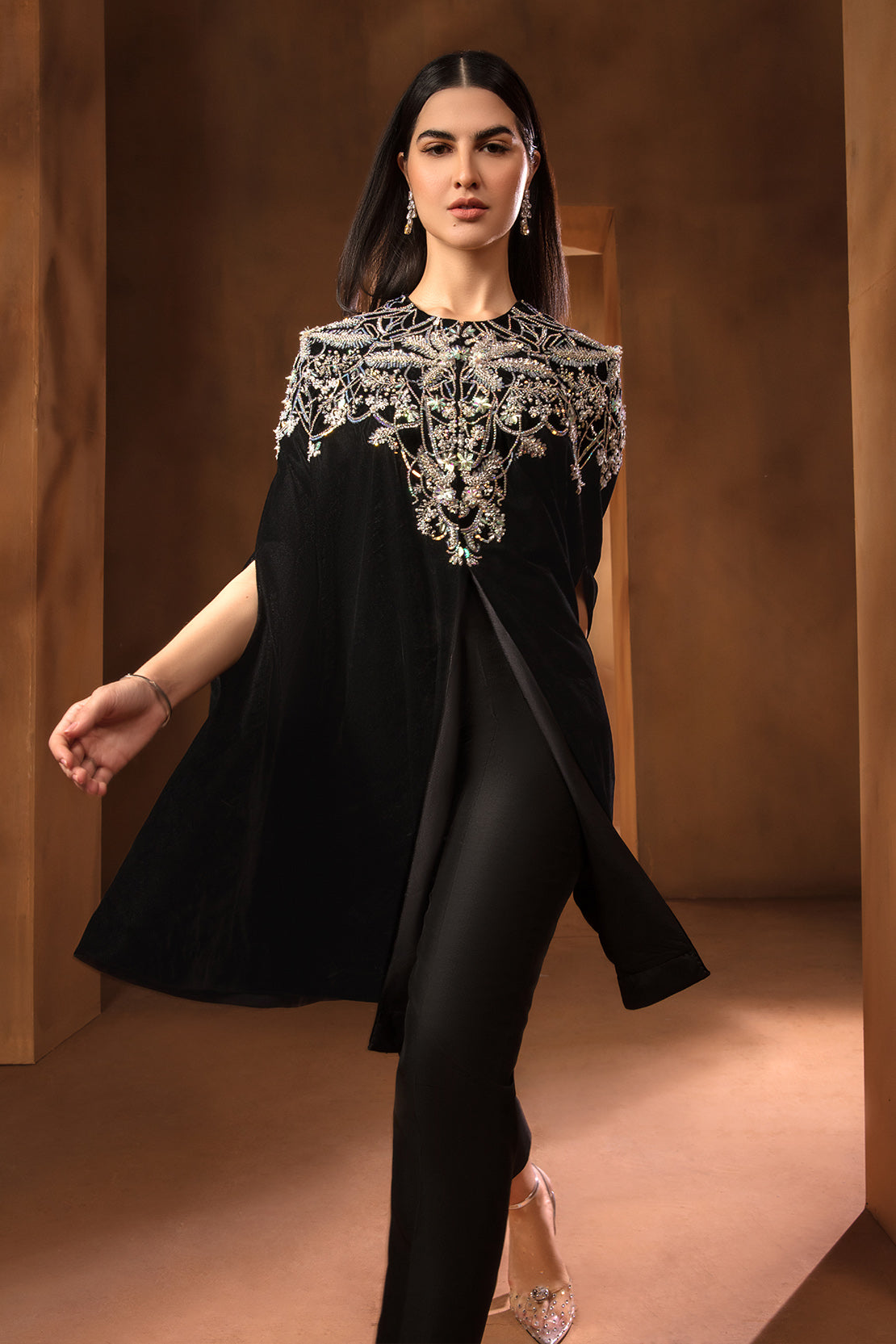 Black Swarovski Sequin Velvet Cape Dress (2-Piece) - Image 4