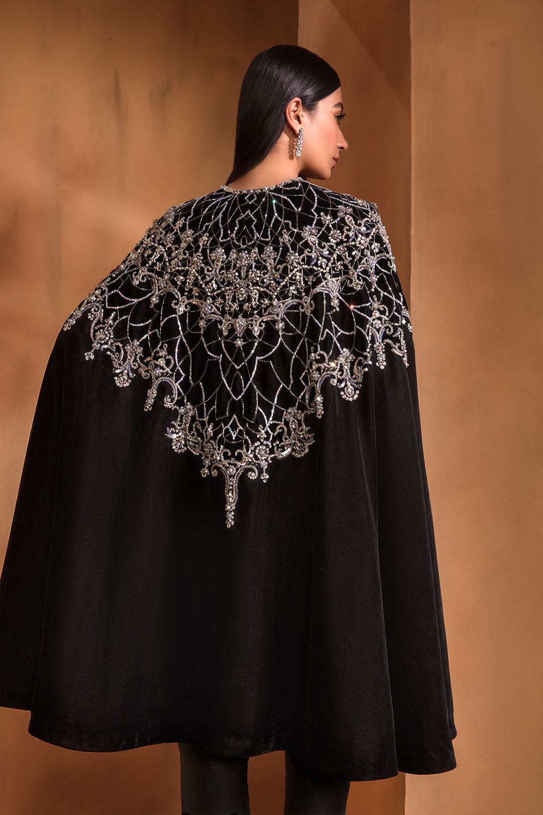 Pakistani Black Swarovski Embellished Velvet Cape (2-Piece) - Image 3