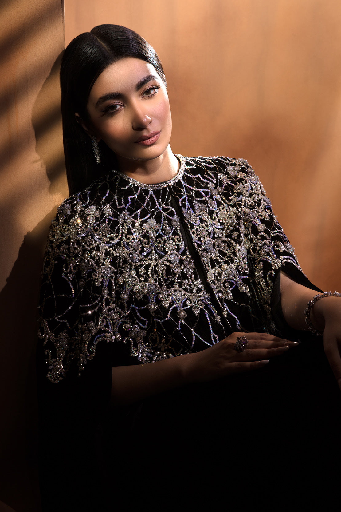 Pakistani Black Swarovski Embellished Velvet Cape (2-Piece) - Image 7