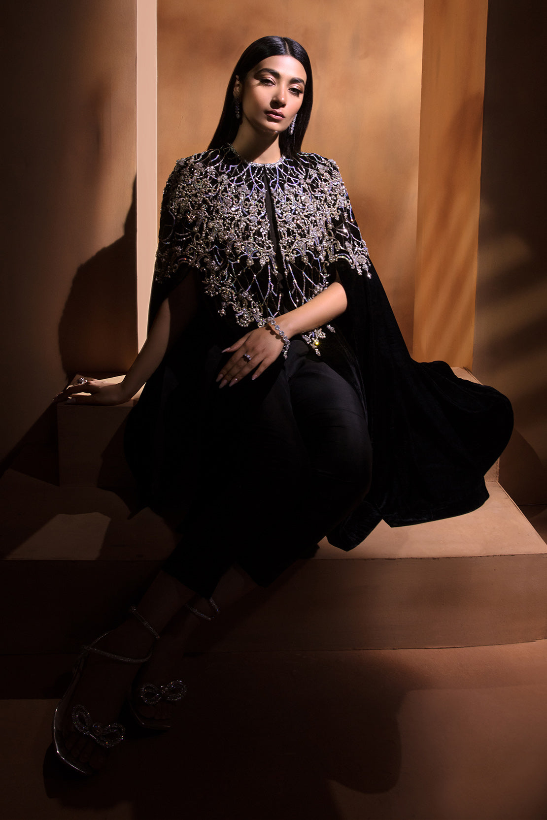 Pakistani Black Swarovski Embellished Velvet Cape (2-Piece) - Image 8