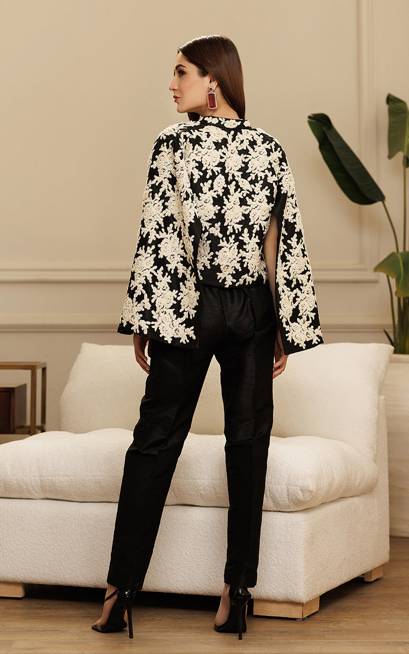 Black Embroidered Viscose Silk Cape Jacket (3-Piece) - Image 3