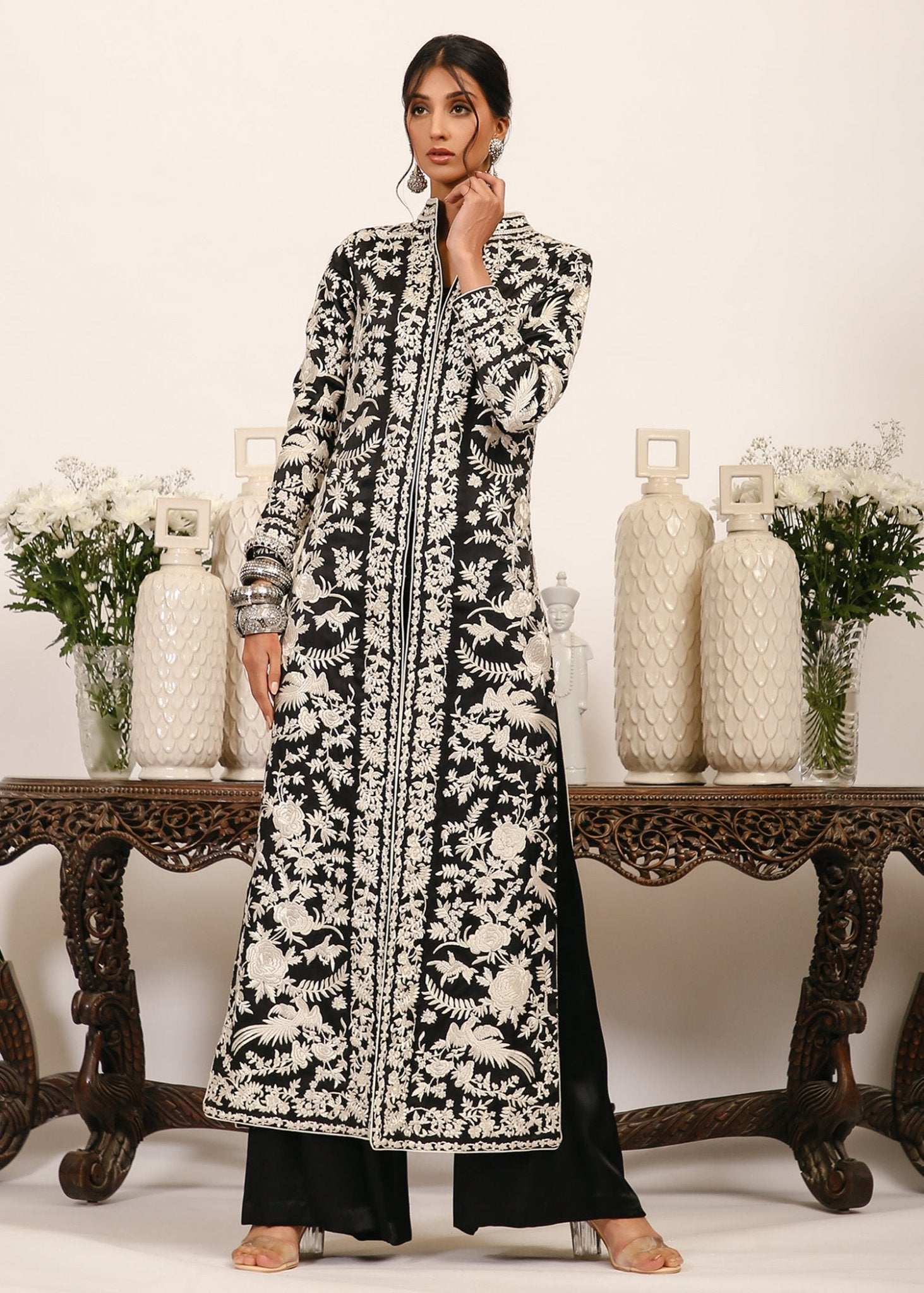 Black Gara Embroidered Crepe Long Coat (2-Piece) - Image 1
