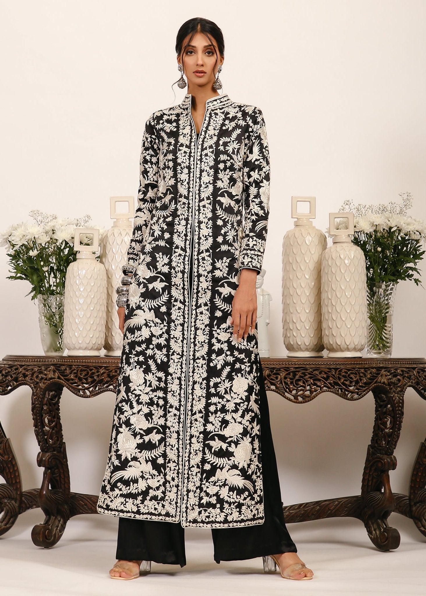 Black Gara Embroidered Crepe Long Coat (2-Piece) - Image 2