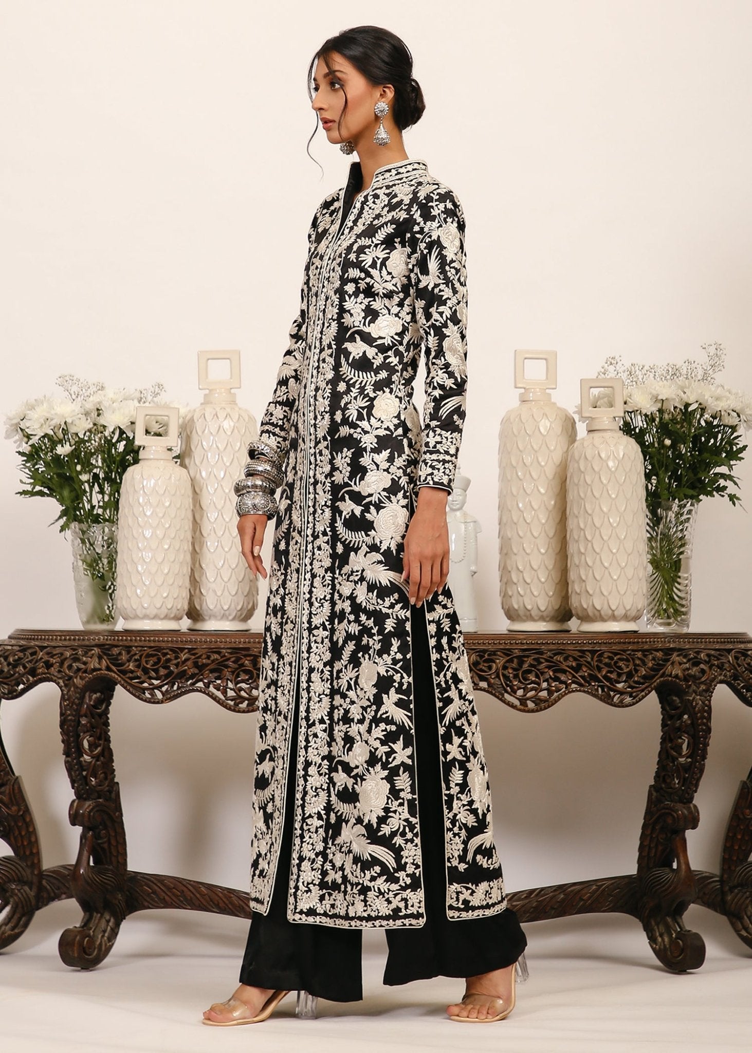 Black Gara Embroidered Crepe Long Coat (2-Piece) - Image 3