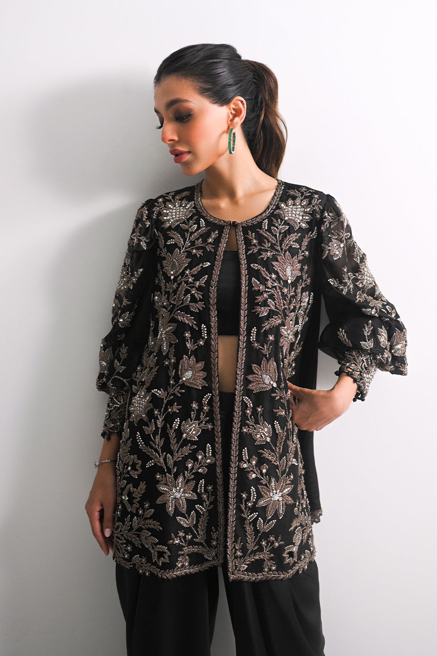 Indian Ebony Zardozi Embroidered Organza & Charmeuse Co-ord Set (3-Piece) - Image 11