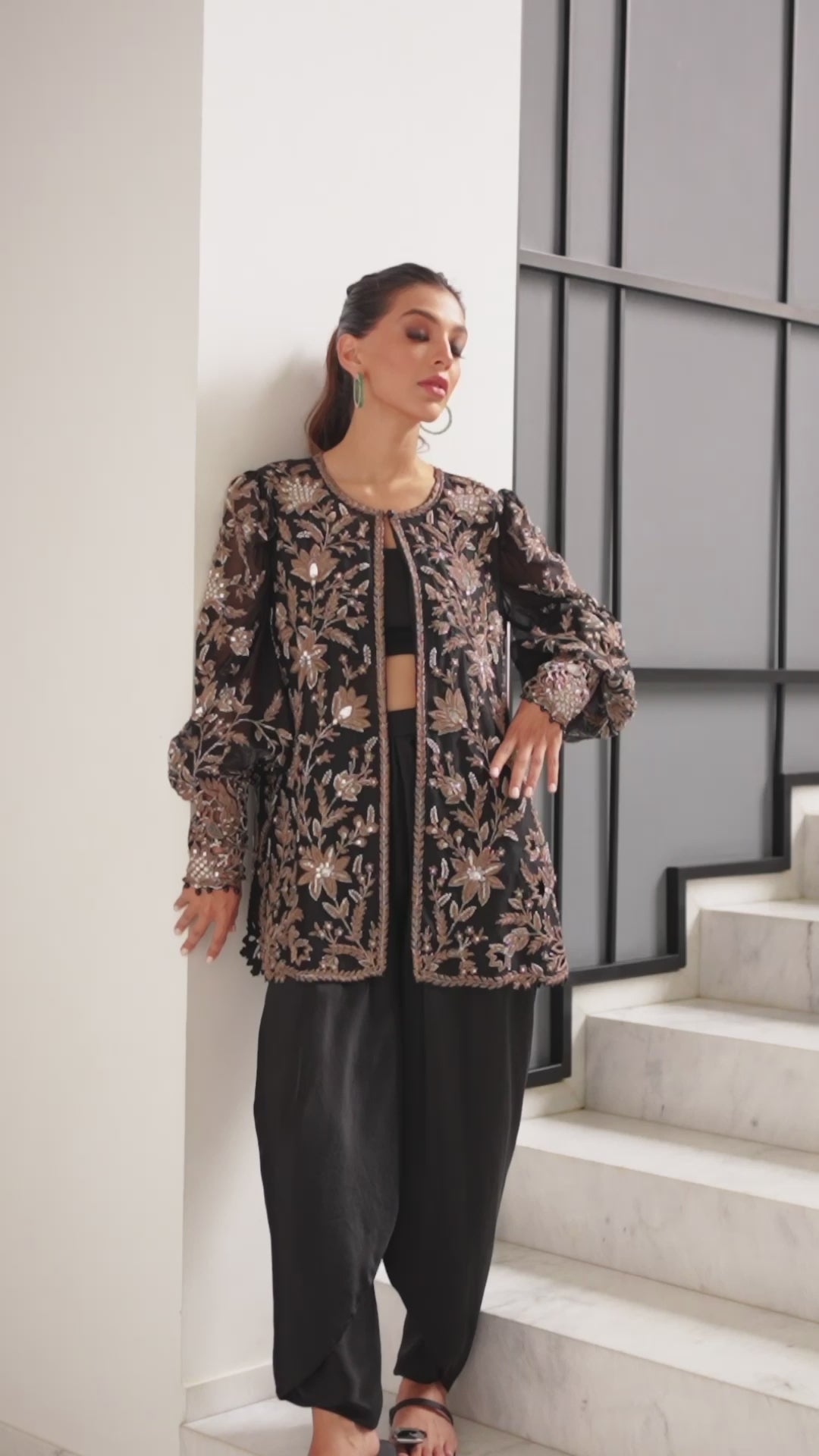 Indian Ebony Zardozi Embroidered Organza & Charmeuse Co-ord Set (3-Piece) - Image 12