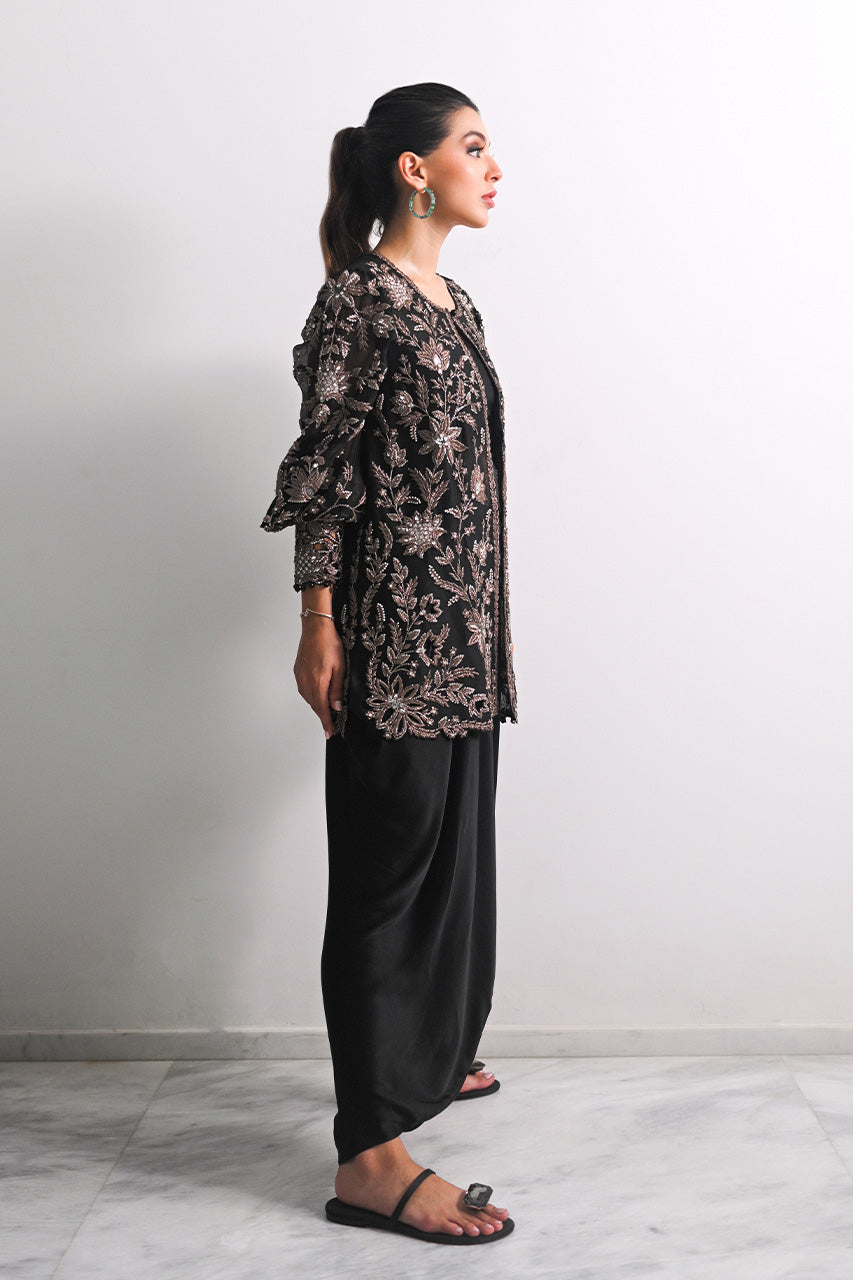 Indian Ebony Zardozi Embroidered Organza & Charmeuse Co-ord Set (3-Piece) - Image 5