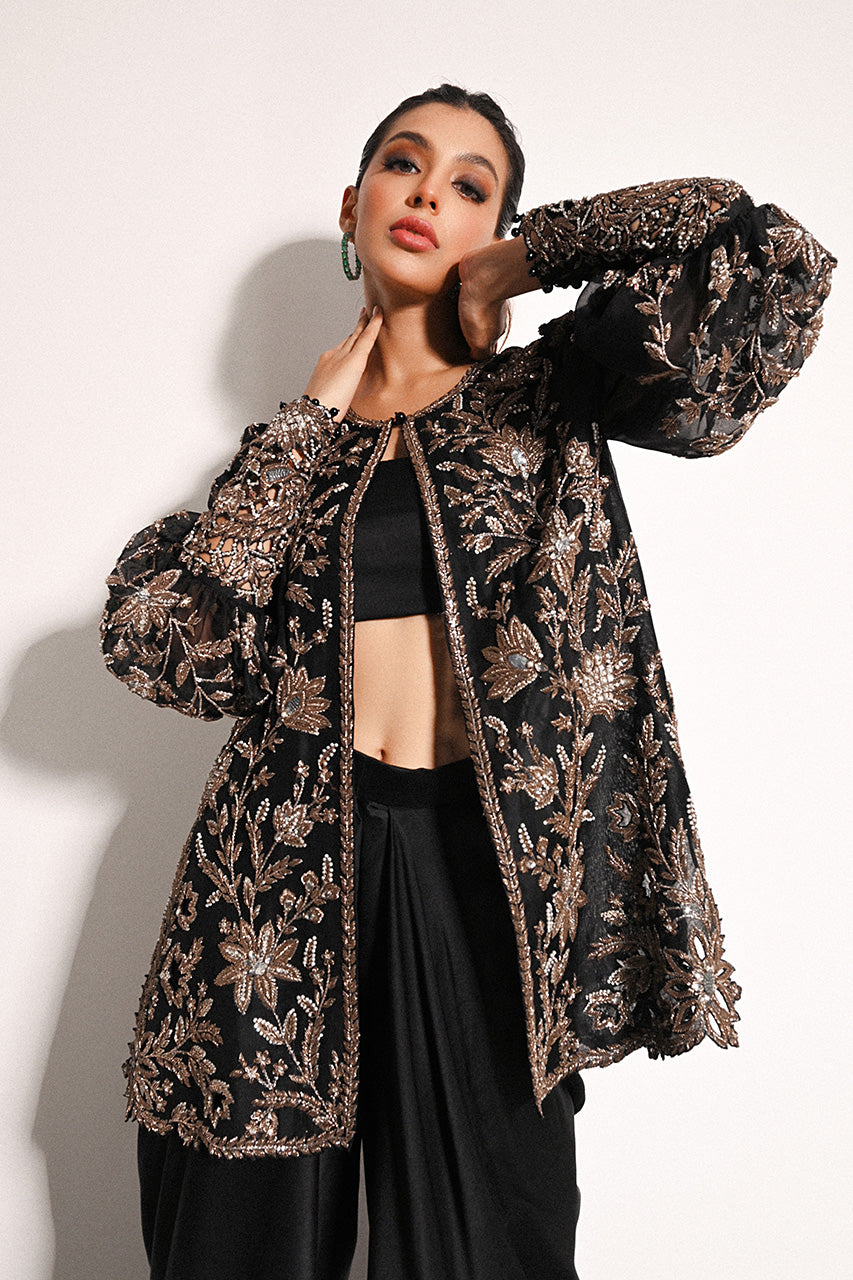 Indian Ebony Zardozi Embroidered Organza & Charmeuse Co-ord Set (3-Piece) - Image 8