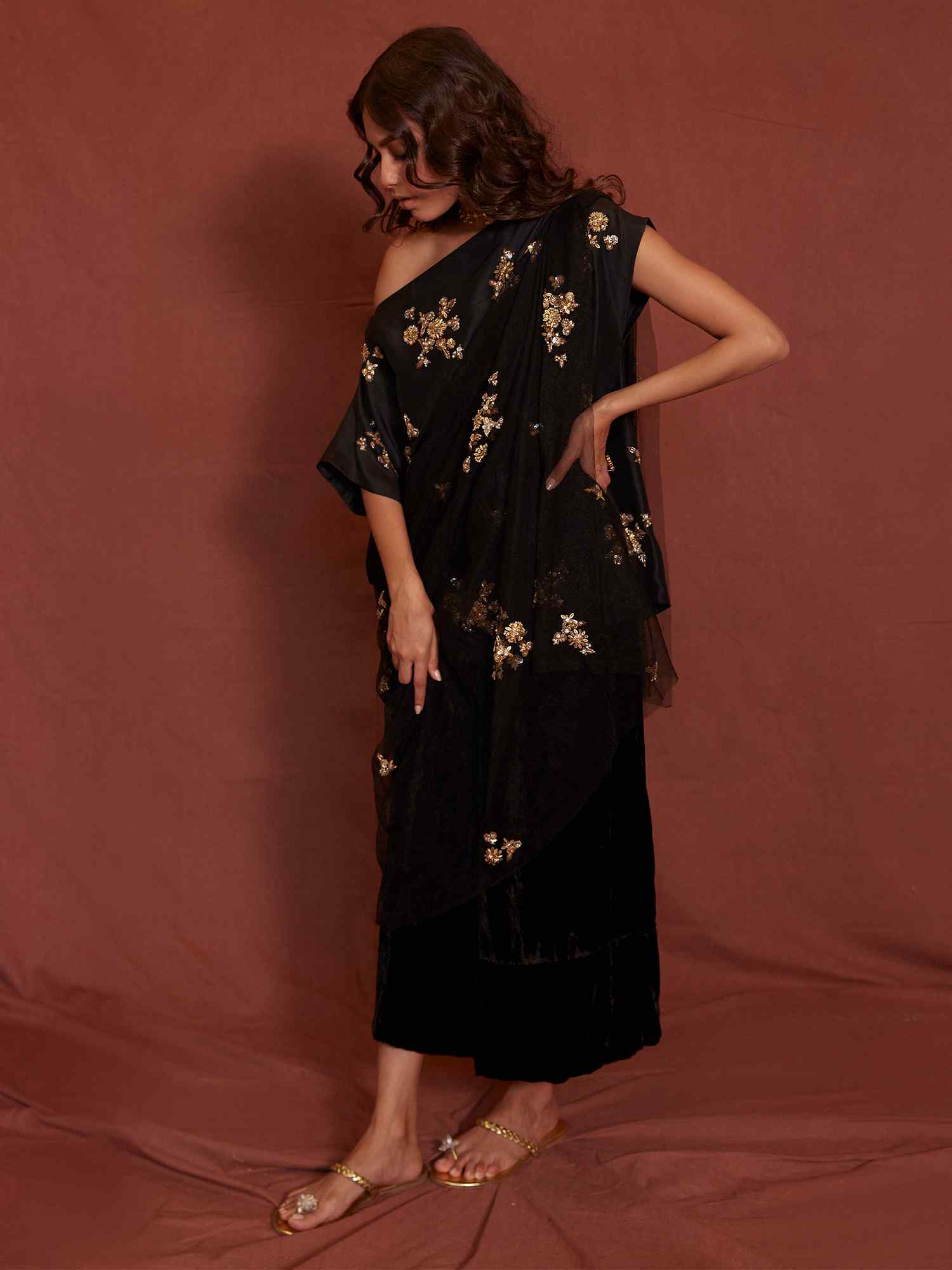 Pakistani Black Embroidered Raw Silk & Velvet Culottes (3-Piece) - Image 1