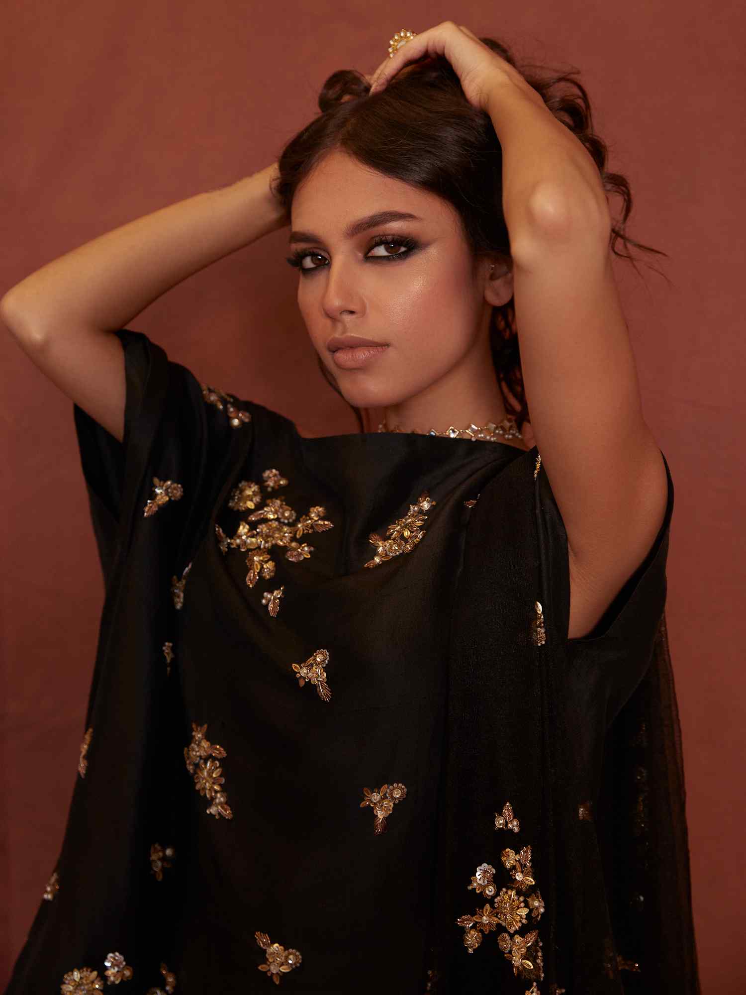 Pakistani Black Embroidered Raw Silk & Velvet Culottes (3-Piece) - Image 2