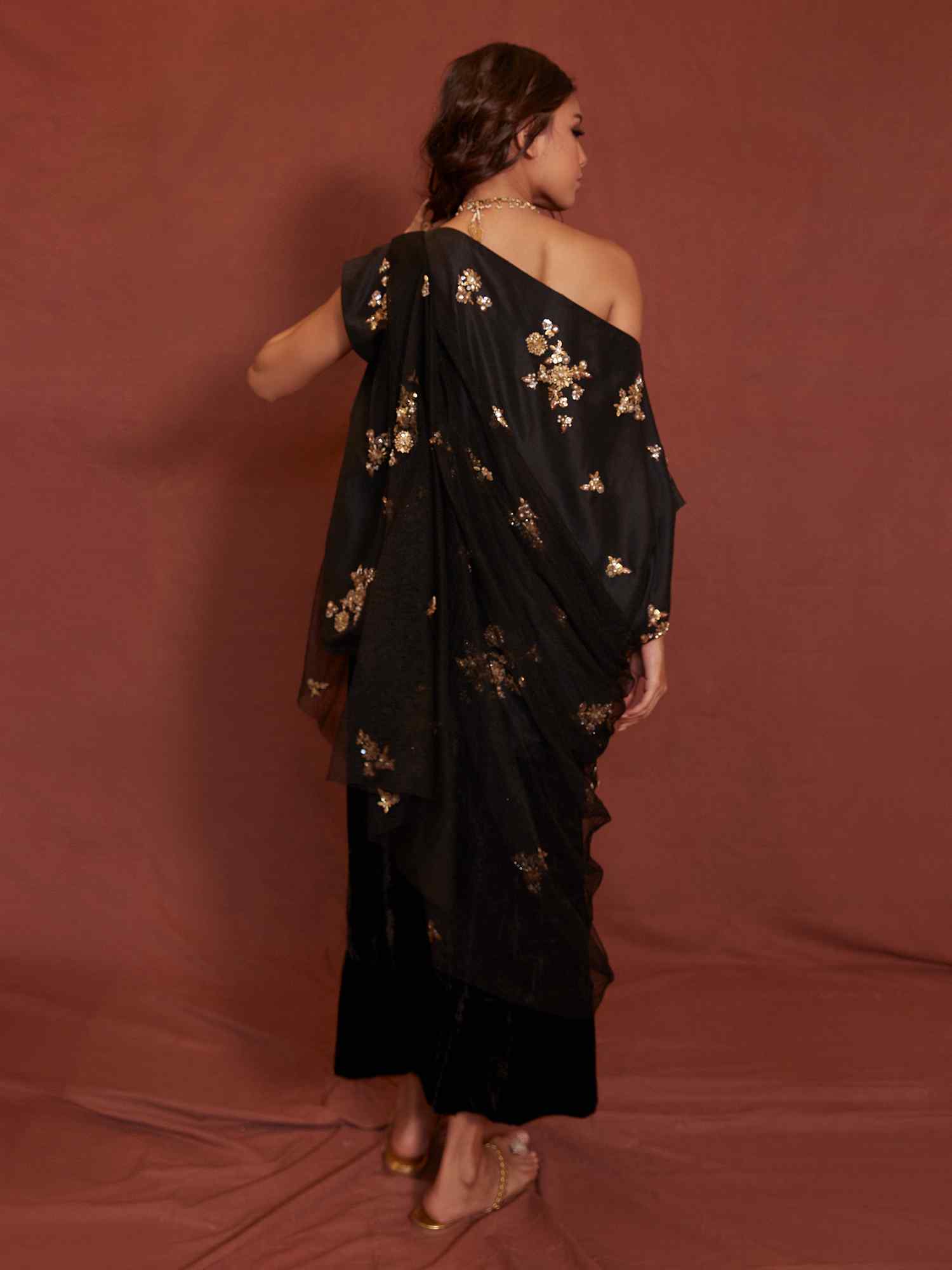 Pakistani Black Embroidered Raw Silk & Velvet Culottes (3-Piece) - Image 3
