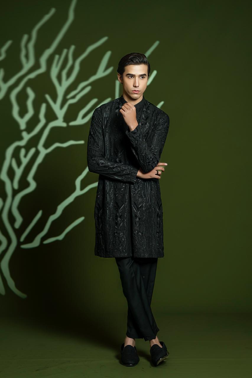 Black Embroidered Blended Kurta Set (2-Piece) - Image 1