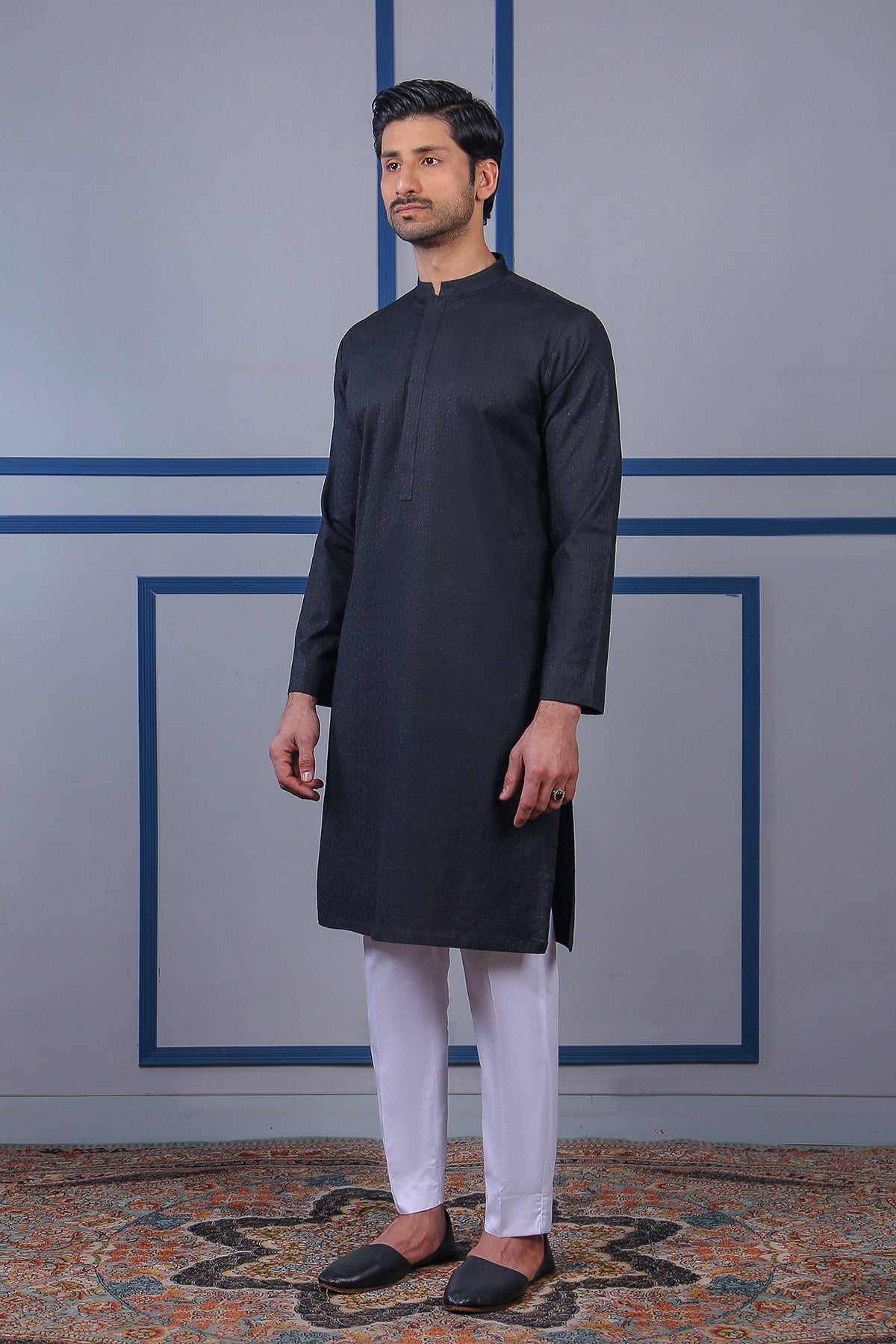 Black Schiffli Embroidered Cotton-Blend Kurta (2-Piece) - Image 1