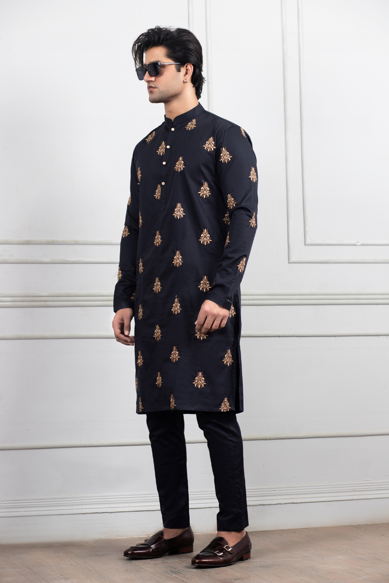 Black Gold Embroidered Cotton Kurta Pajama (2-Piece) - Image 1