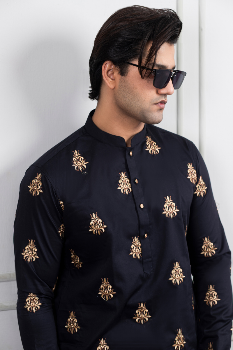 Black Gold Embroidered Cotton Kurta Pajama (2-Piece) - Image 2