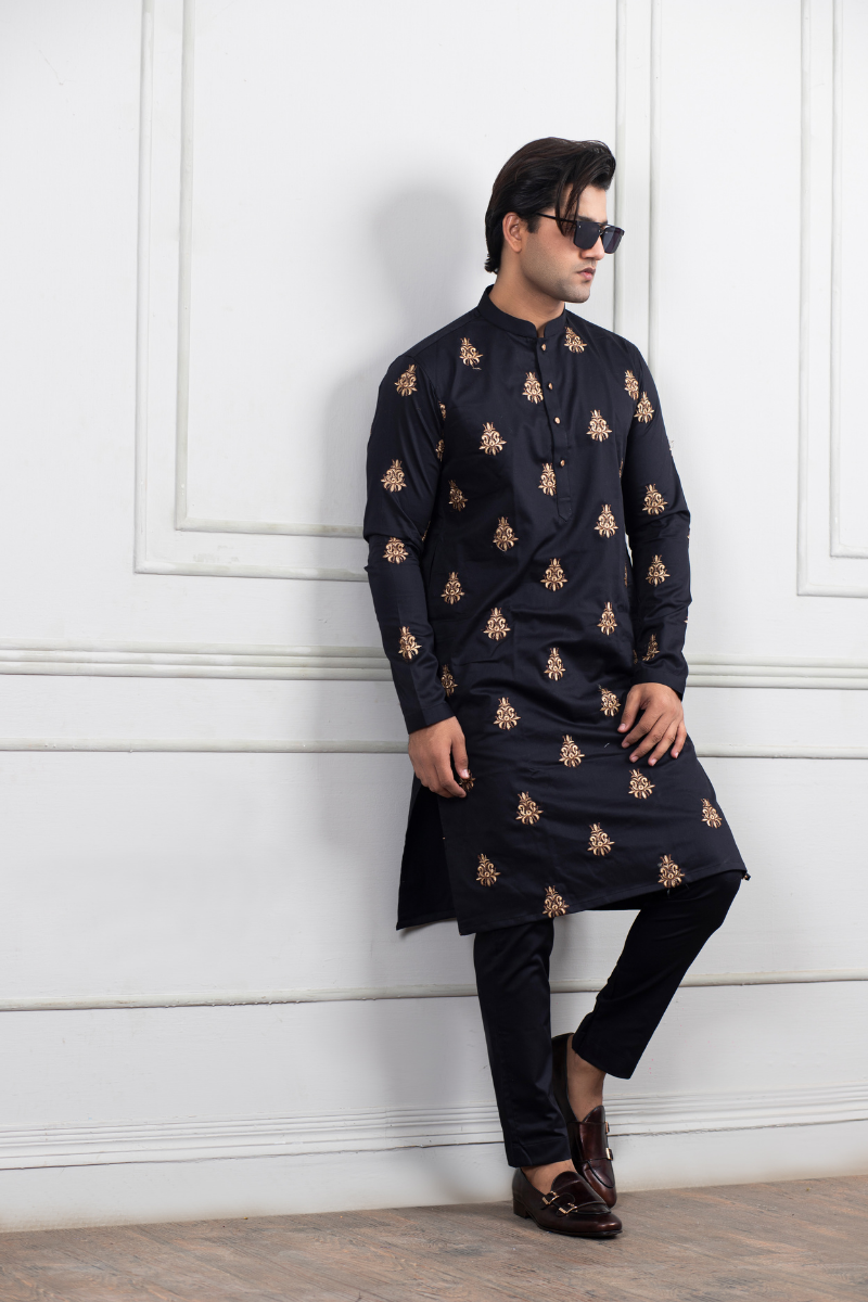 Black Gold Embroidered Cotton Kurta Pajama (2-Piece) - Image 3