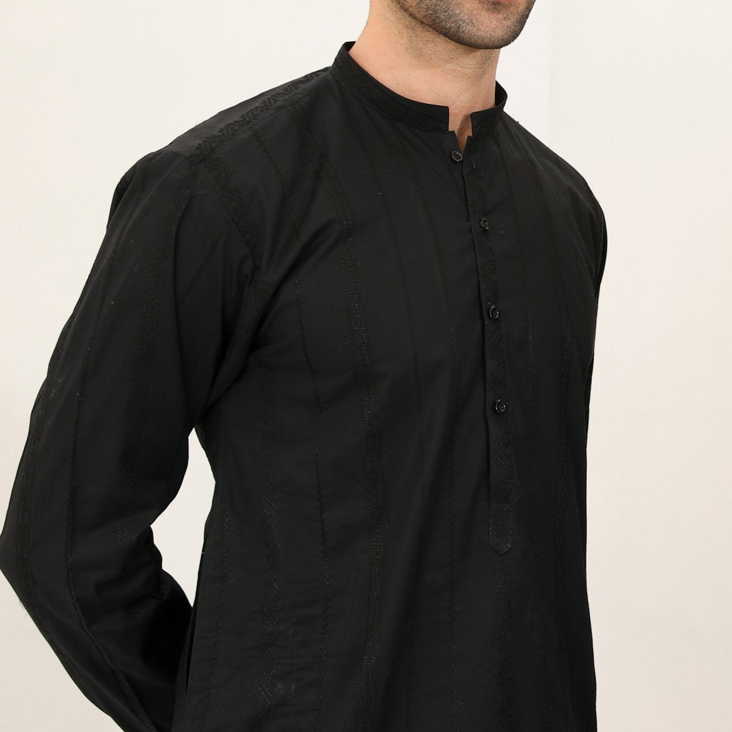 Black Schiffli Embroidered Cotton Kurta Trouser (2-Piece) - Image 2