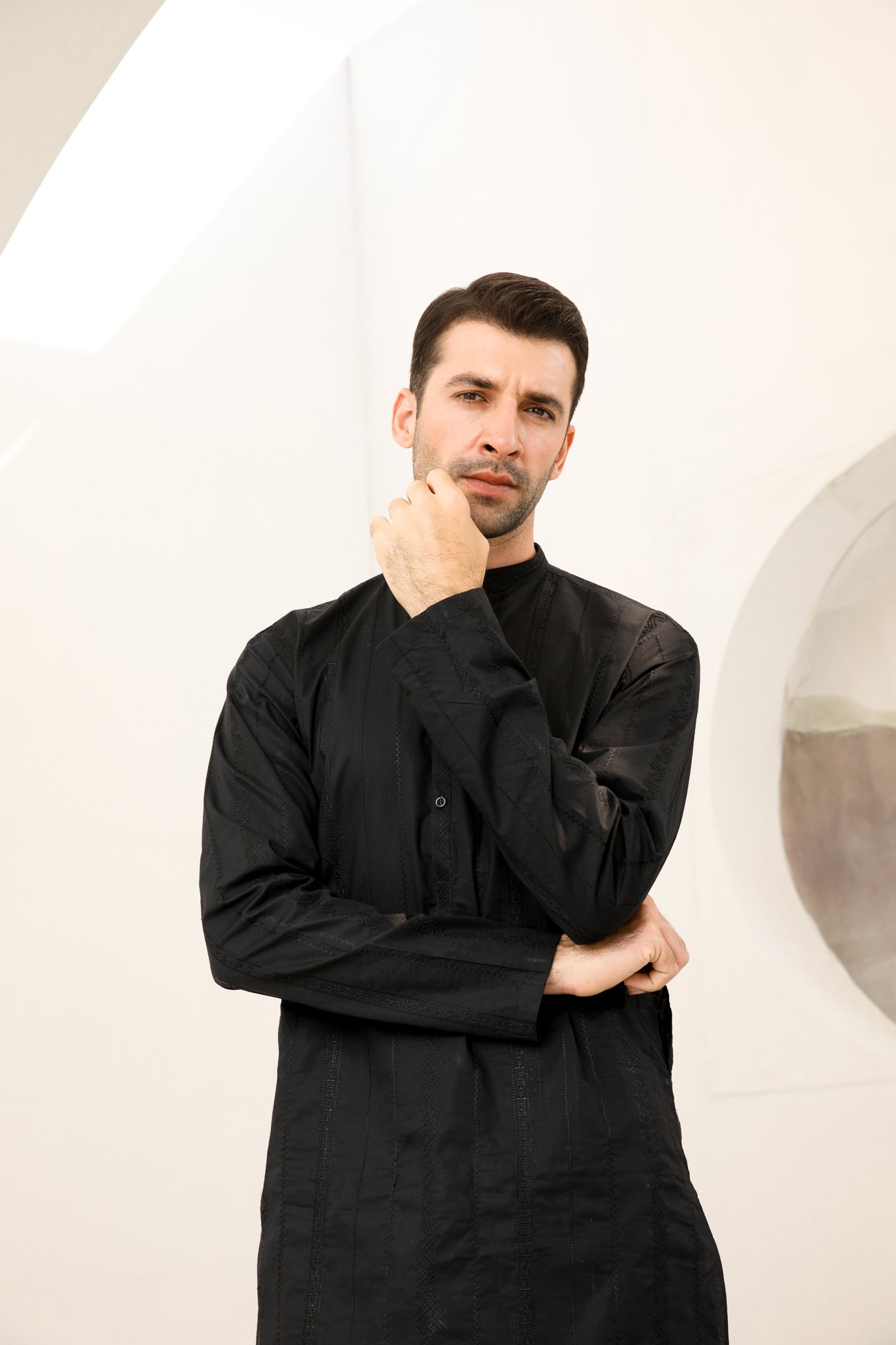 Black Schiffli Embroidered Cotton Kurta Trouser (2-Piece) - Image 3