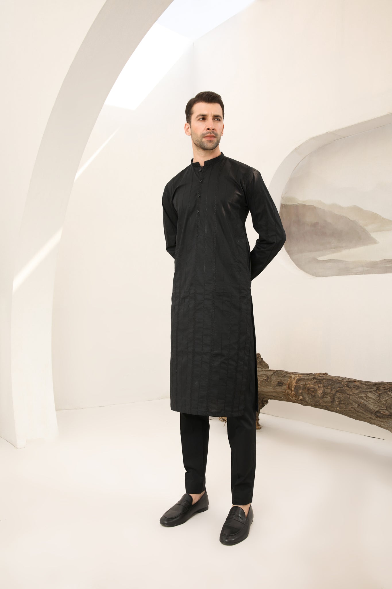 Black Schiffli Embroidered Cotton Kurta Trouser (2-Piece) - Image 4