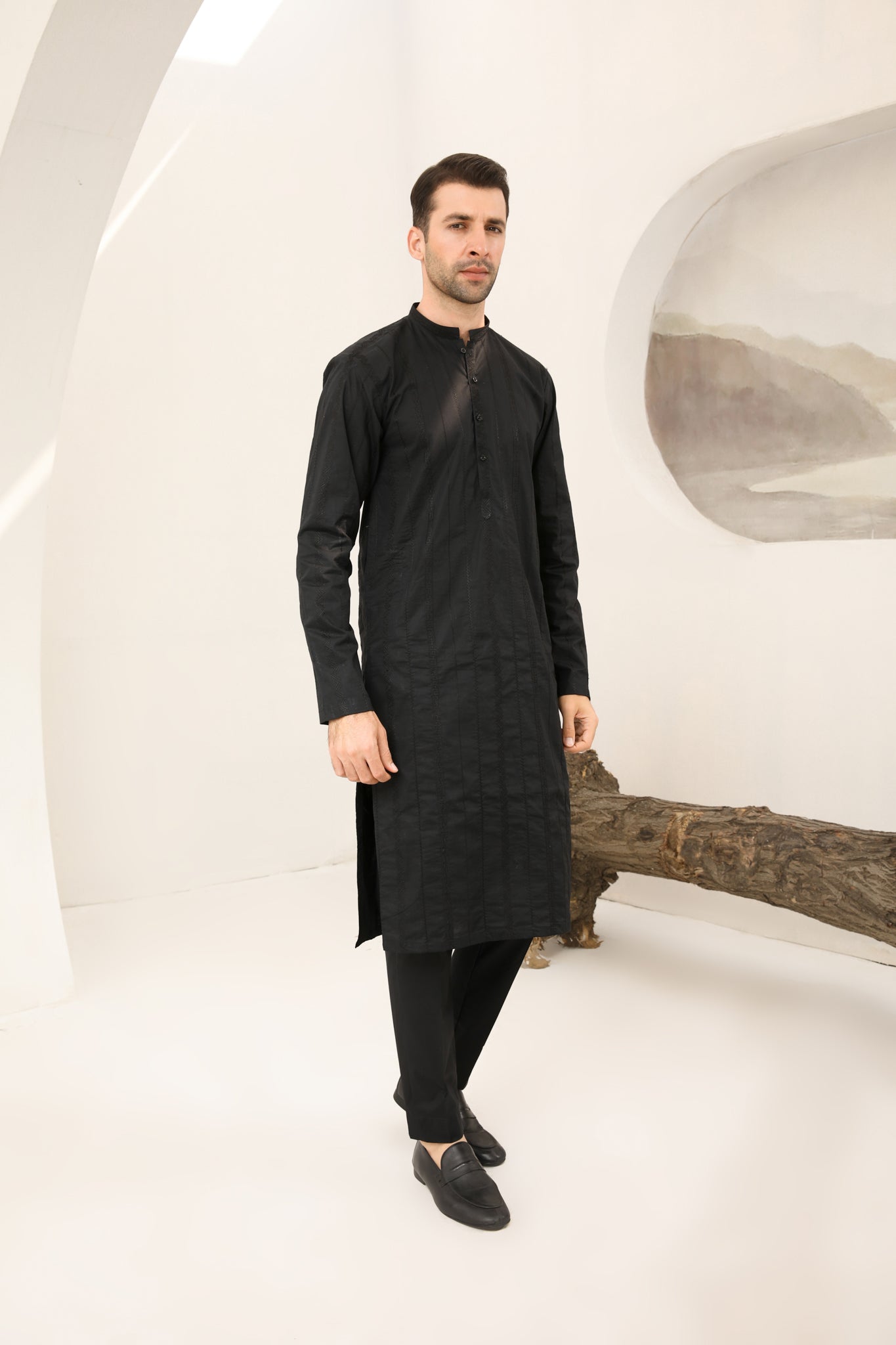 Black Schiffli Embroidered Cotton Kurta Trouser (2-Piece) - Image 5