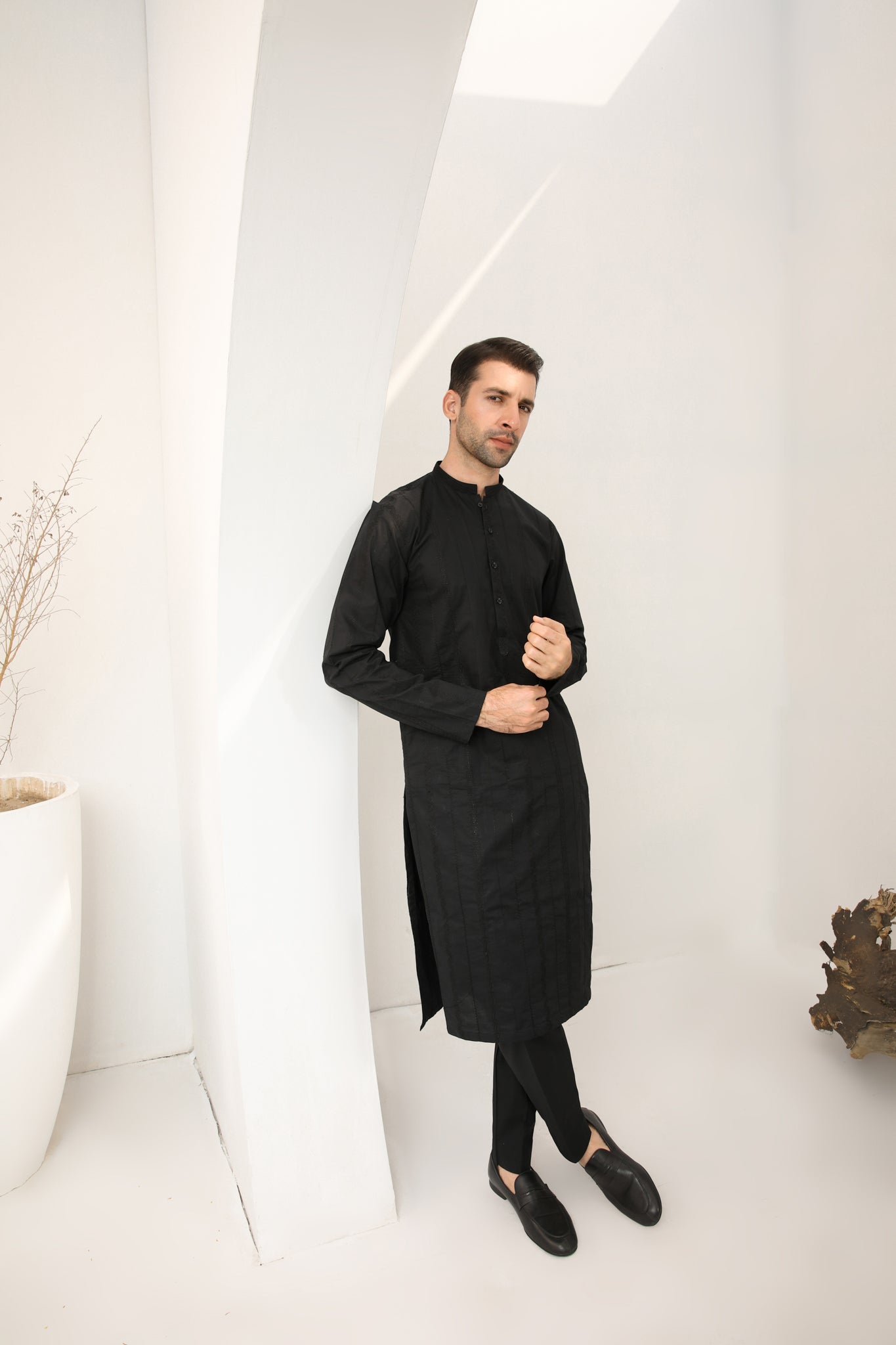 Black Schiffli Embroidered Cotton Kurta Trouser (2-Piece) - Image 6
